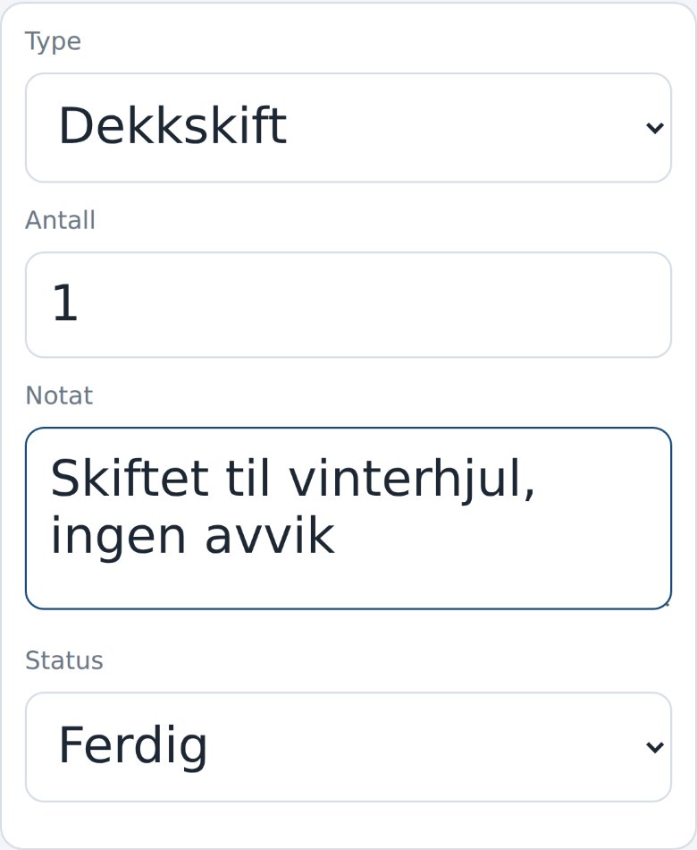 The new work form in Dekkpro Mobil: Type, Quantity, Note and Status