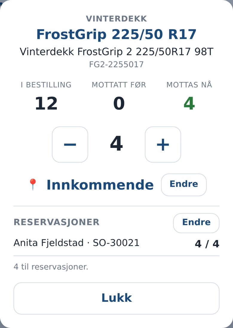 Produktkortet i Bestillingsmottak i Dekkpro Mobil med en reservasjon til en kunde