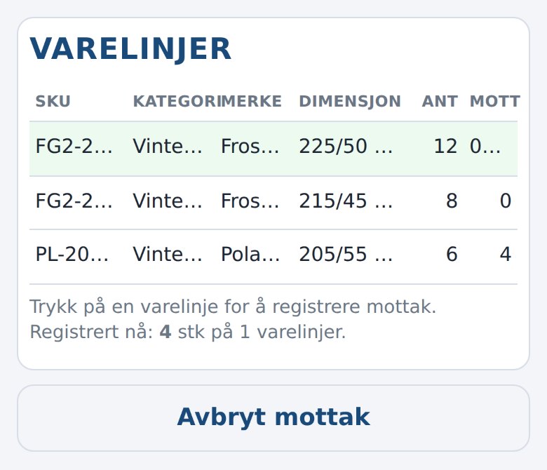 Varelinjer i en bestilling i Dekkpro Mobil, med bestilt og mottatt antall side ved side