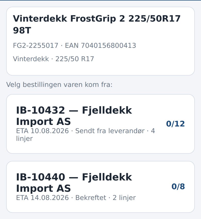 Velg bestilling-skjermen i Bestillingsmottak i Dekkpro Mobil, med to åpne bestillinger å velge mellom