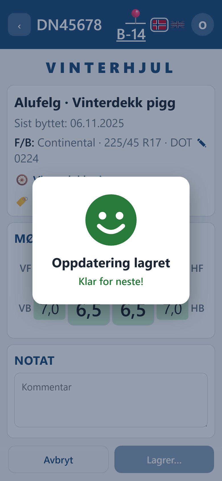 Confirmation in Dekkpro Mobil: update saved, ready for the next one
