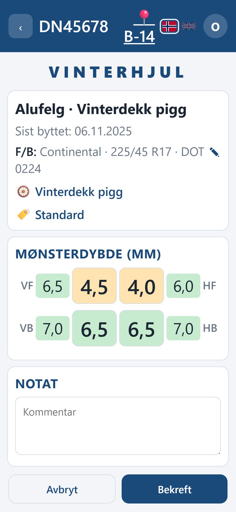 The measuring screen in Dekkpro Mobil: tread depth per wheel with the previous reading alongside