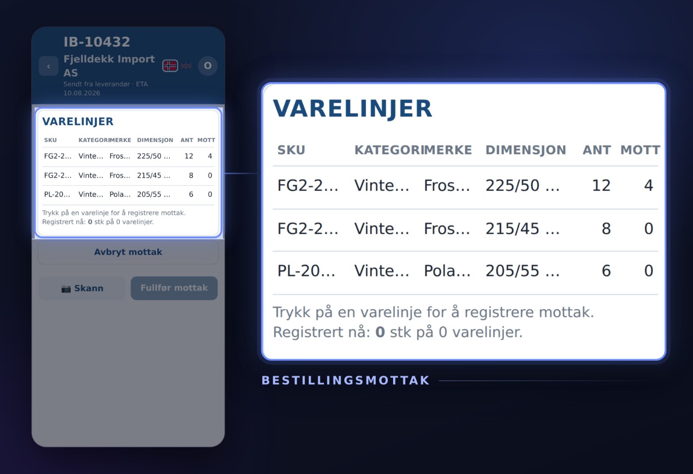 Varelinjer i Bestillingsmottak i Dekkpro Mobil, rammet inn