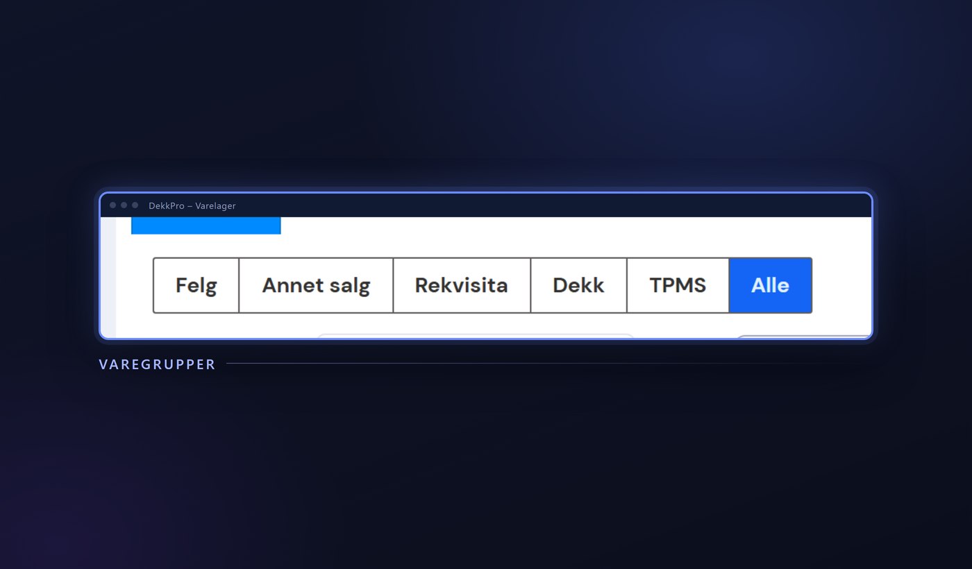 Product groups in DekkPro: rims, tires, TPMS and supplies