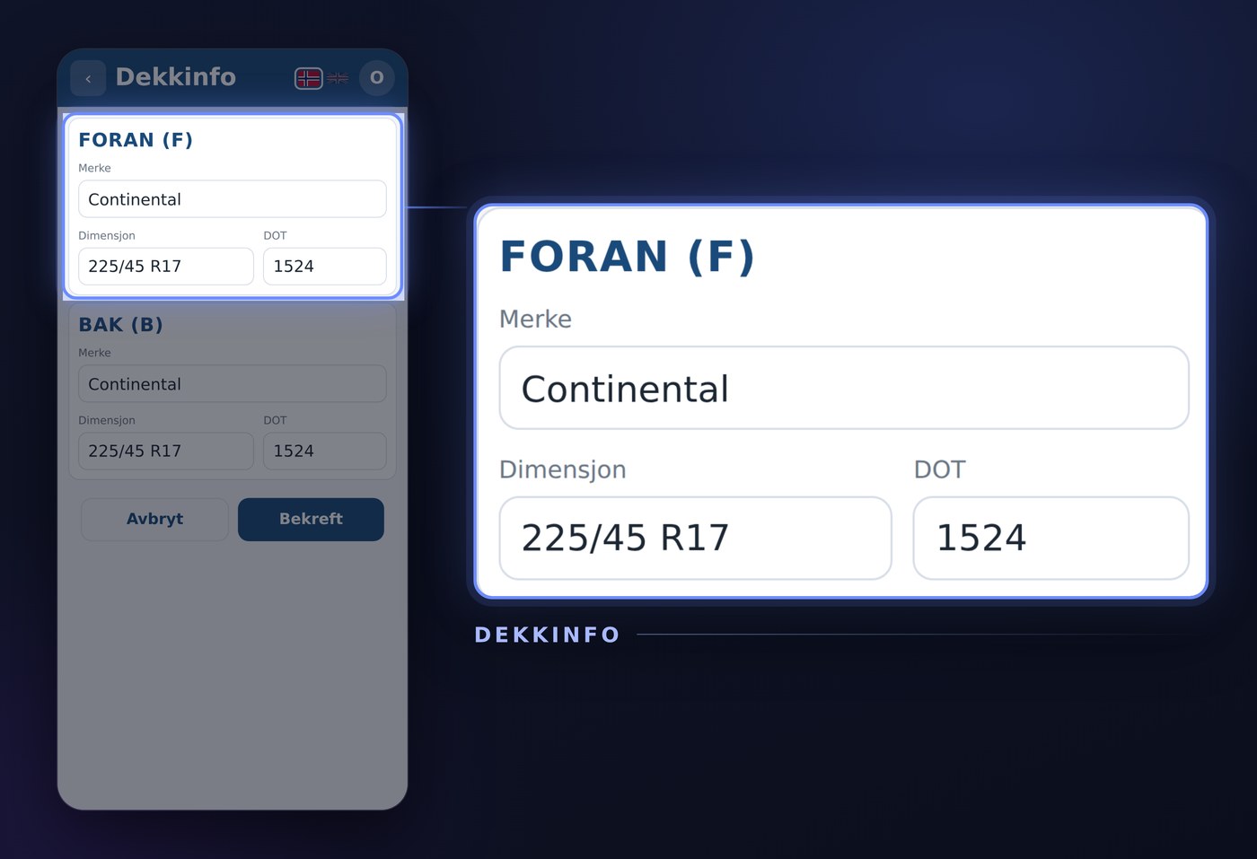 Dekkinfo i Dekkpro Mobil: kortet Foran med merke, dimensjon og DOT, rammet inn