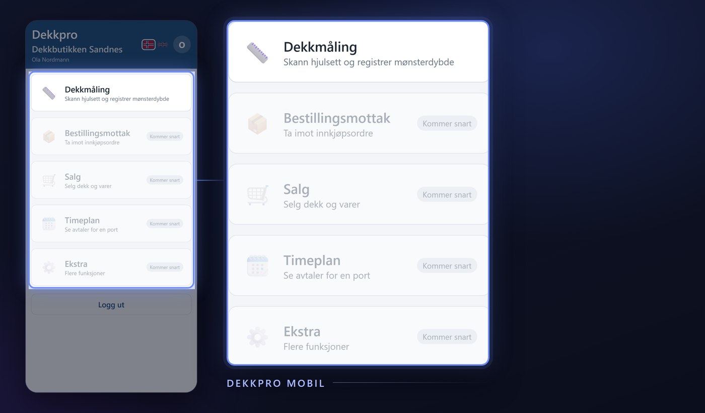The Dekkpro Mobil menu showing the functions in the app