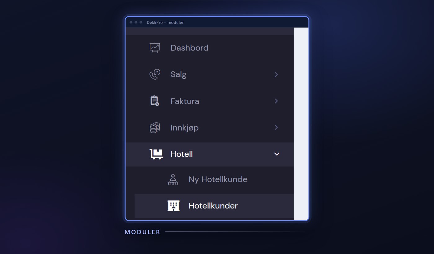 The DekkPro module menu: sales, invoicing, purchasing, tire hotel, stock and reports