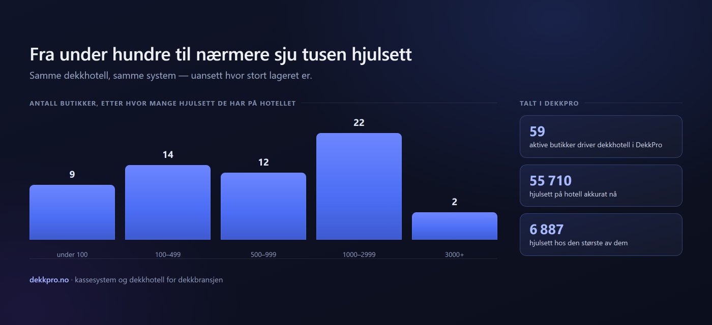 Søylediagram over hvor mange hjulsett norske dekkbutikker har på dekkhotell i DekkPro: ni butikker under 100, fjorten mellom 100 og 499, tolv mellom 500 og 999, tjueto mellom 1000 og 2999, og to over 3000.