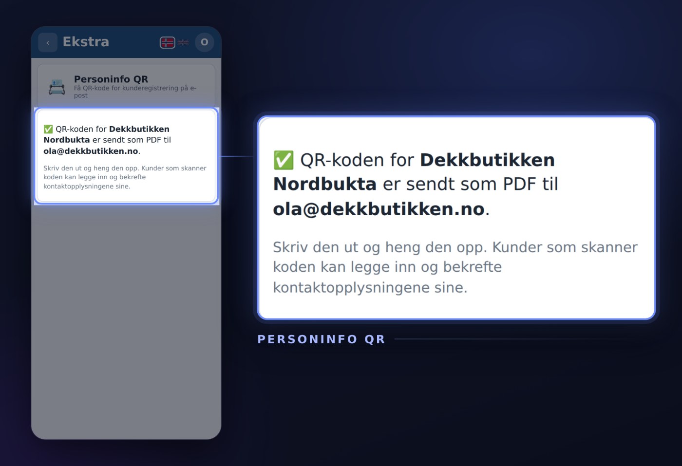 Kvitteringen i Personinfo QR i Dekkpro Mobil, rammet inn