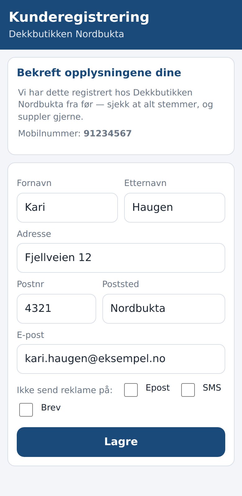 Bekreftelsessiden kunden fyller ut på sin egen telefon etter å ha skannet Personinfo QR-koden