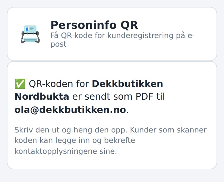 Bekreftelse i Dekkpro Mobil om at QR-koden er sendt som PDF på e-post