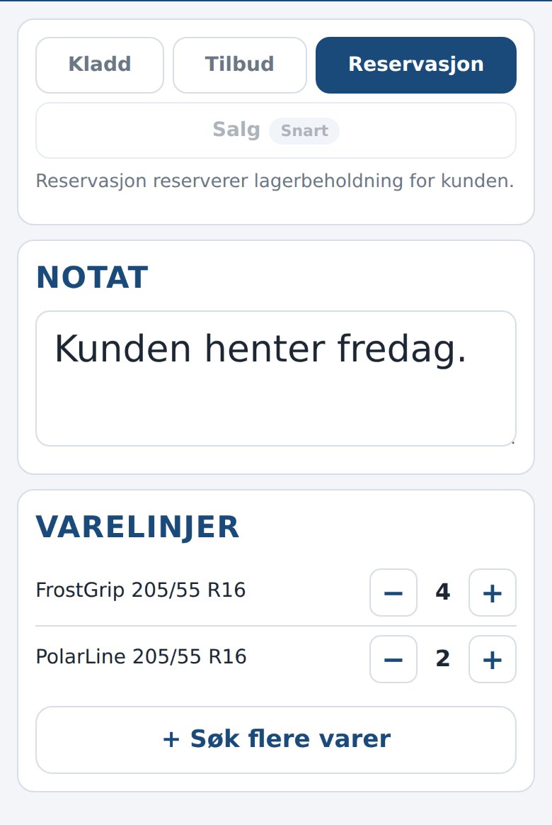Ordreskjermen i Salg i Dekkpro Mobil med ordretype, notat og varelinjer