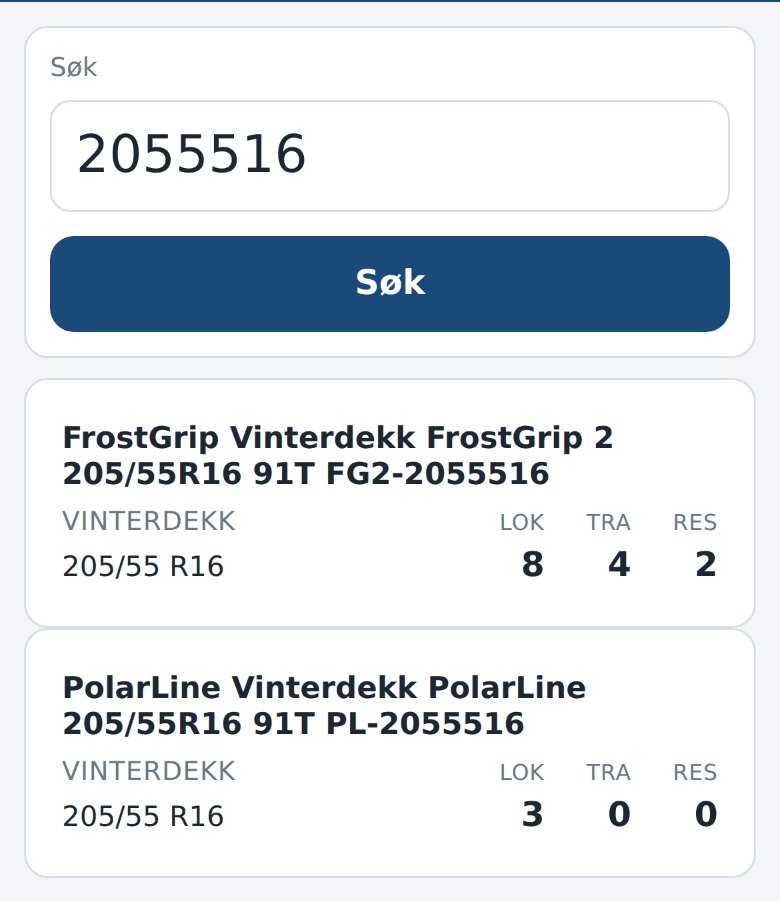 Søkeresultat i Salg i Dekkpro Mobil med lokalt lager, transit og reservert antall side ved side