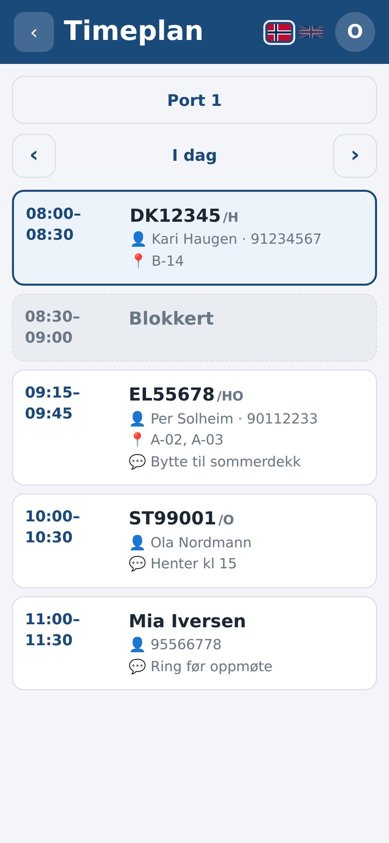 Schedule in Dekkpro Mobil with the day's appointments in order, showing time, plate and customer