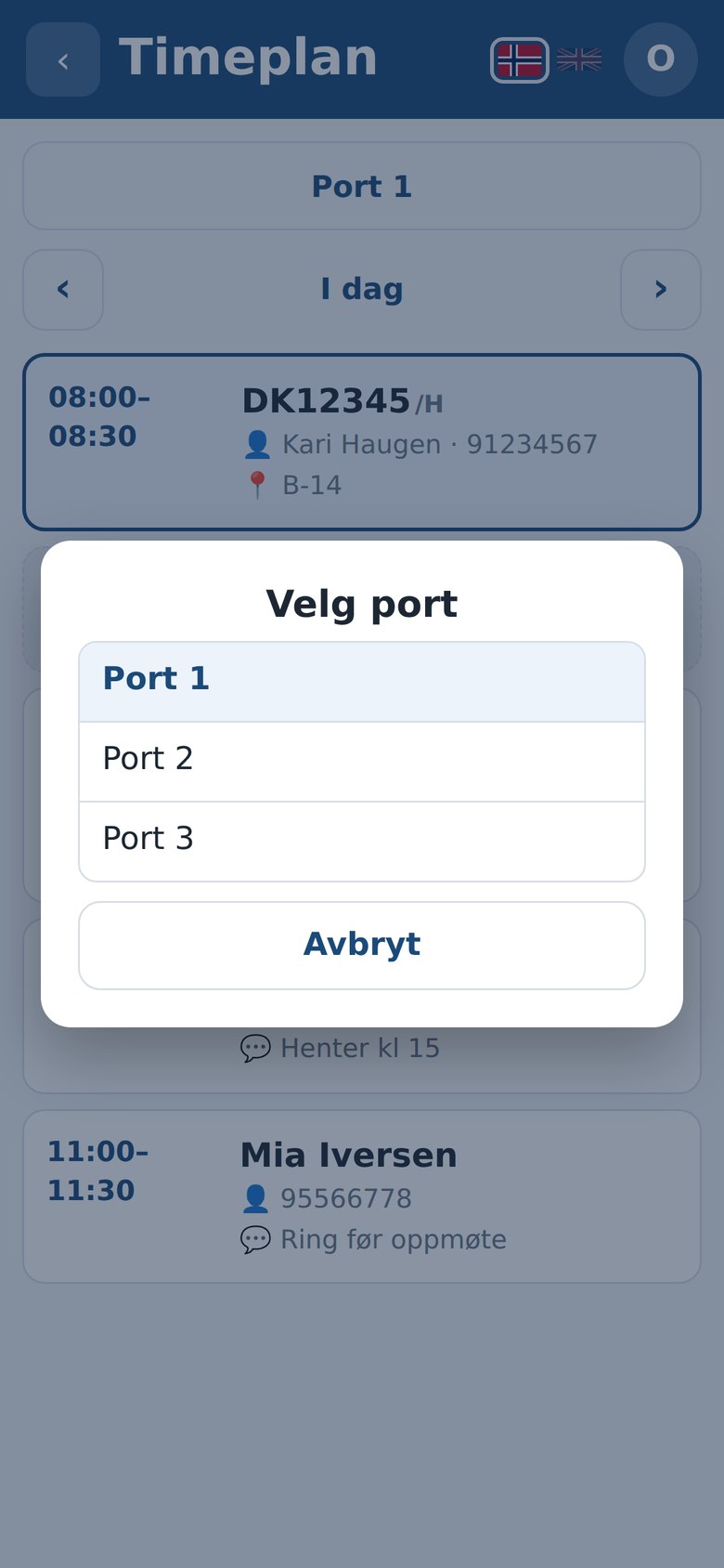The bay picker in Schedule in Dekkpro Mobil, with several bays to choose from